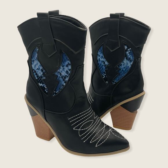 Black Blue Snakeskin Print Western Cowgirl Point Stacked Block Heel Mid Boot 38 - Picture 1 of 14